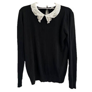 Vila Milano Black Sweater White Embroidered Jewel Collar Pearl Neck Button Large
